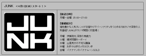 昨年４月に関西地域での放送が終了したJUNKが、ラジオ関西で復活！ → またエレ片は放送されず。_a0003166_23471936.gif